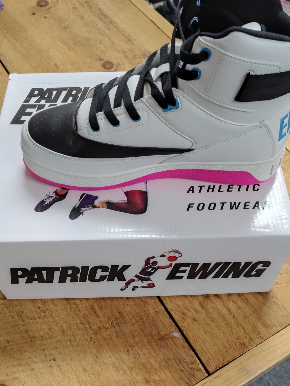 Patrick Ewing Women's White & Black High-Top Athletic Shoes with Pink Sole